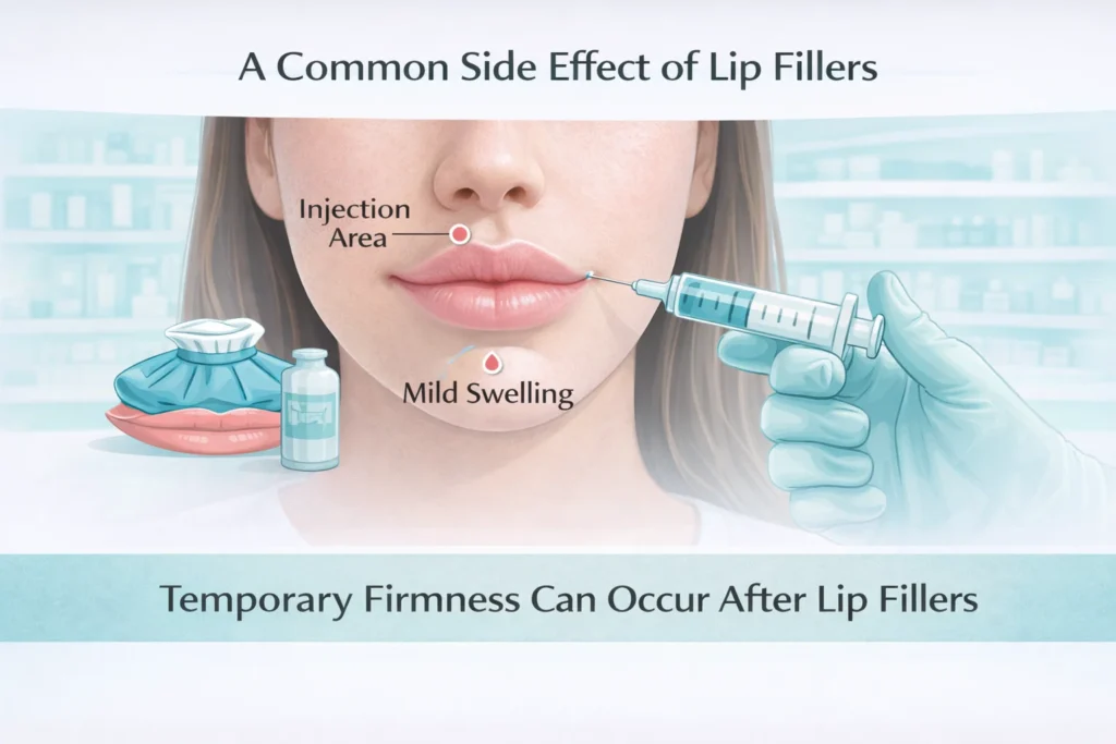 Educational diagram illustrating mild swelling and temporary firmness around the lip injection area, showing common side effects after lip filler treatment.