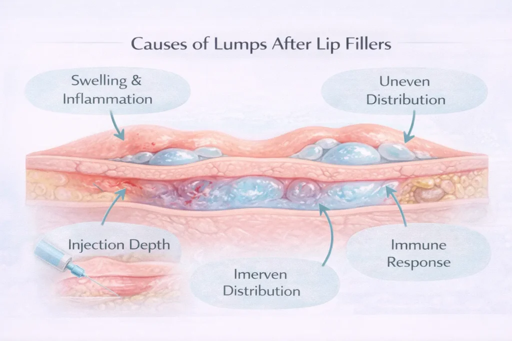 Medical diagram of the lips showing causes of lip filler lumps, including swelling, uneven filler distribution, injection depth, and immune response.
