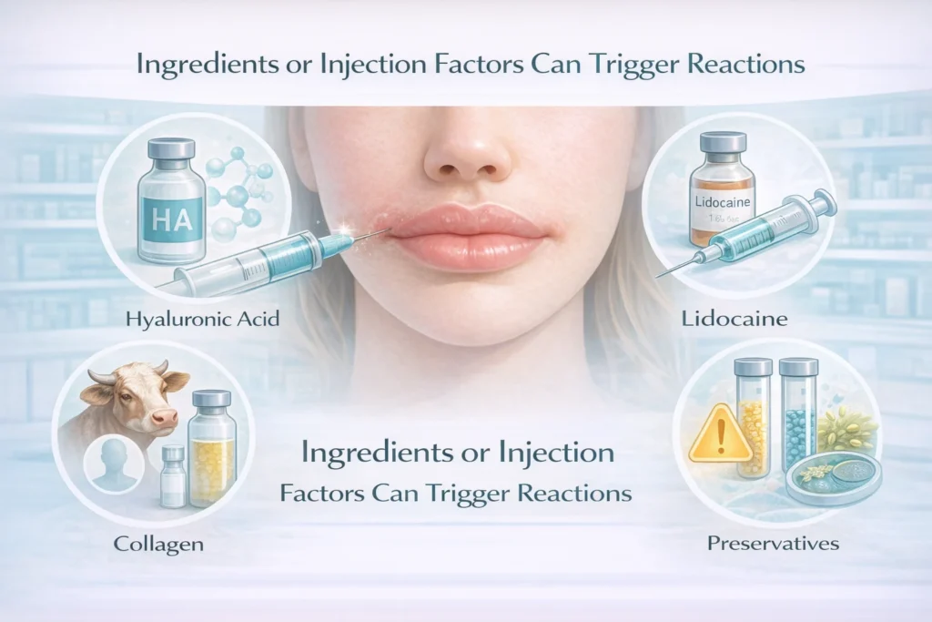 Visual guide showing local, systemic, and delayed lip filler reactions