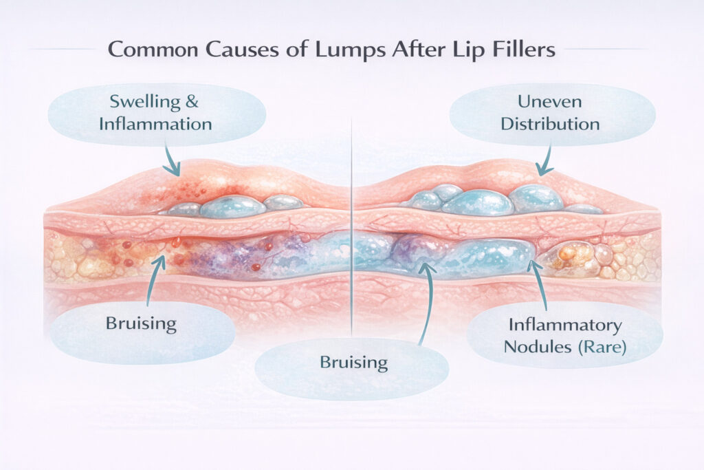Medical diagram showing common causes of lip filler lumps, including swelling, uneven filler distribution, bruising, and inflammatory response.
