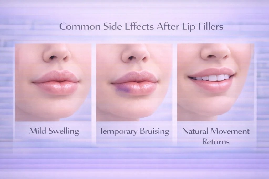 Image showing common lip filler side effects such as mild swelling, temporary bruising, and return of normal lip movement