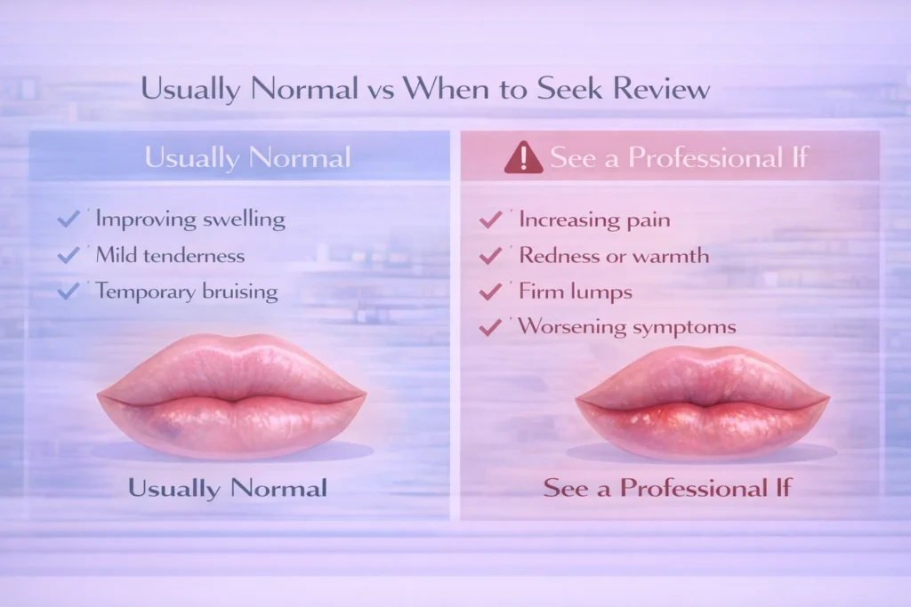 Comparison graphic showing expectation versus reality during lip filler recovery, including temporary swelling and gradual healing