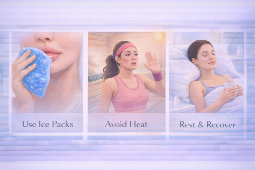 Lip filler recovery aftercare illustration showing ice pack use, avoiding heat, and resting to support healing