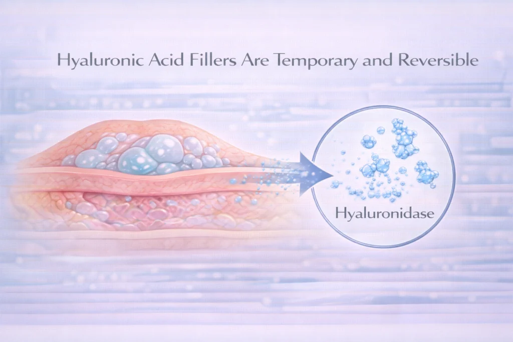 Educational illustration showing the body breaking down hyaluronic acid fillers and explaining that lip fillers are temporary and reversible.
