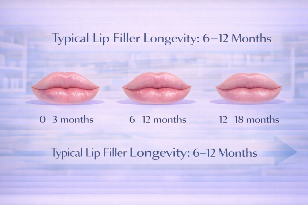 Timeline image showing typical lip filler longevity from early months to 12 months and beyond as results gradually fade