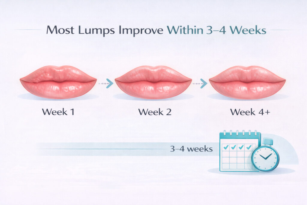 Timeline illustration showing lip filler lumps gradually improving from week one to week four as swelling settles.
