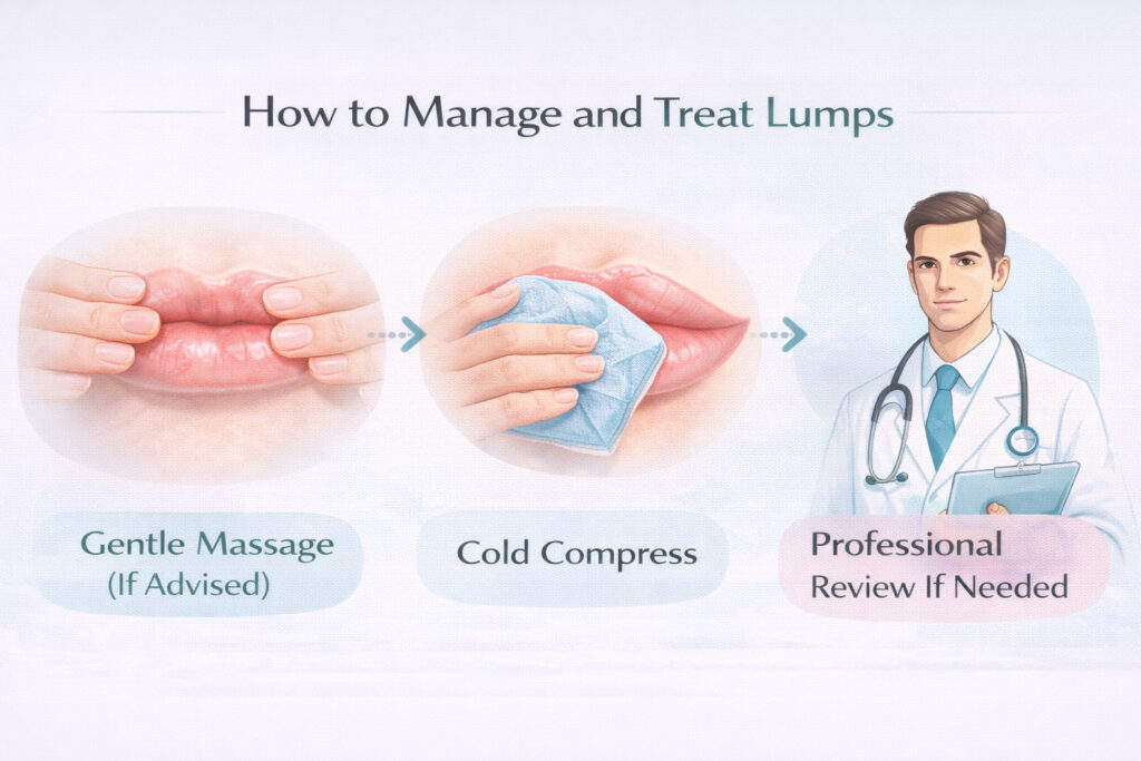 Illustration showing safe ways to manage lip filler lumps, including gentle massage if advised, cold compress use, and professional review when needed.
