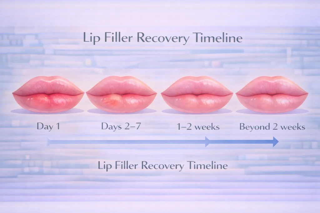 Timeline image showing lip filler recovery stages from day one through two weeks and beyond