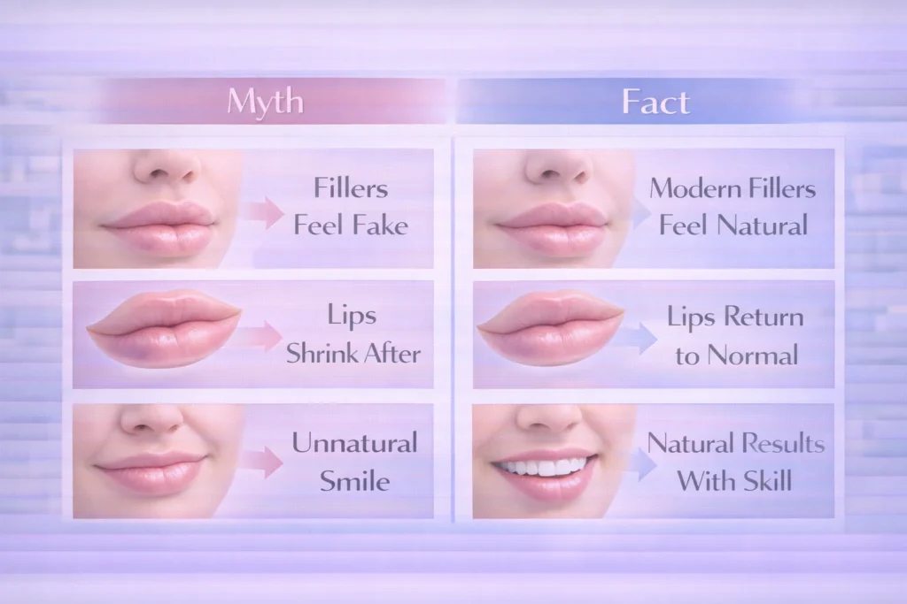 Comparison graphic debunking lip filler myths and facts, showing natural feel, normal lip size after dissolving, and realistic smiles