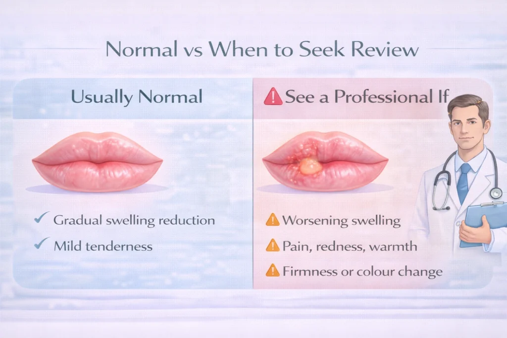 Comparison diagram showing normal lip filler swelling versus warning signs that need professional review, such as worsening pain, redness, or firmness.
