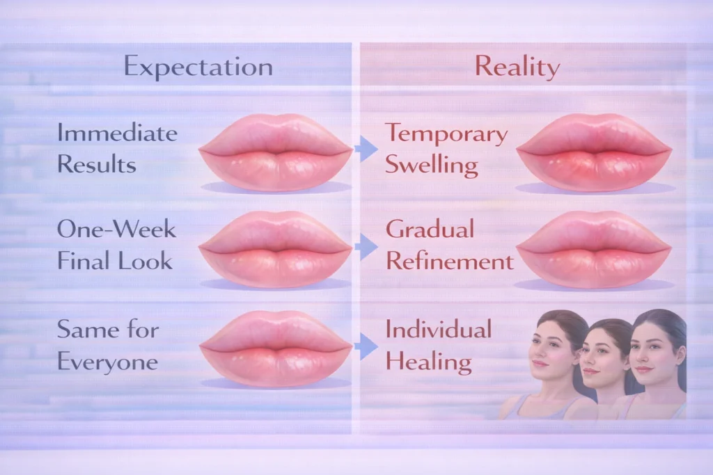 Comparison graphic showing expectation versus reality during lip filler recovery, including temporary swelling and gradual healing