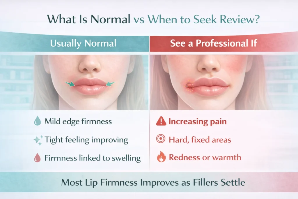Medical comparison diagram highlighting normal post-filler firmness versus warning signs that require professional assessment, including pain, redness, or worsening hardness.