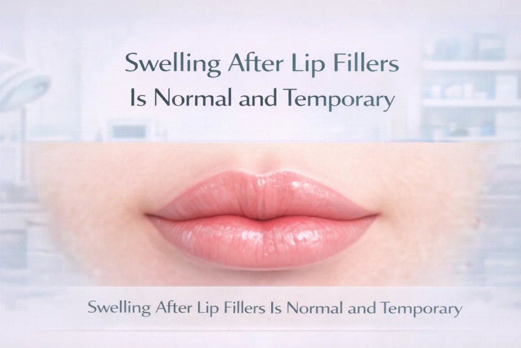 Natural-looking lips with mild swelling after lip filler treatment, showing a normal and temporary healing response.
