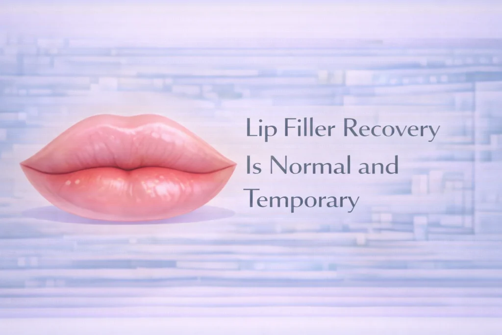 Natural lips with mild swelling shown in a calm clinic setting, illustrating that lip filler recovery swelling is normal and temporary