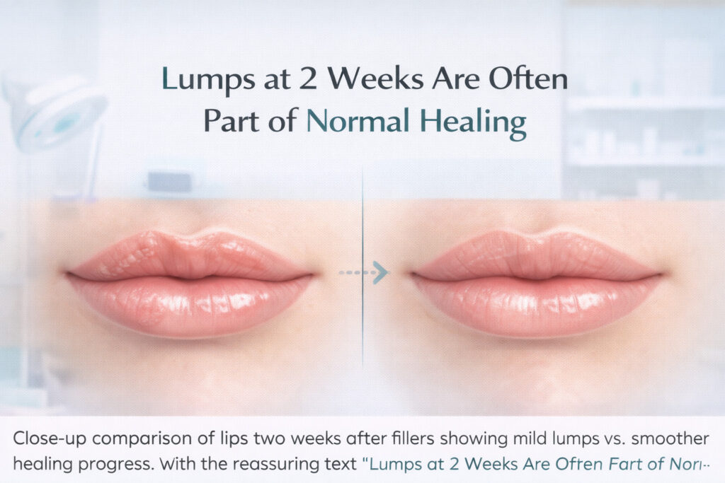 Close-up comparison of lips two weeks after lip filler treatment showing mild lumpiness as part of normal healing.