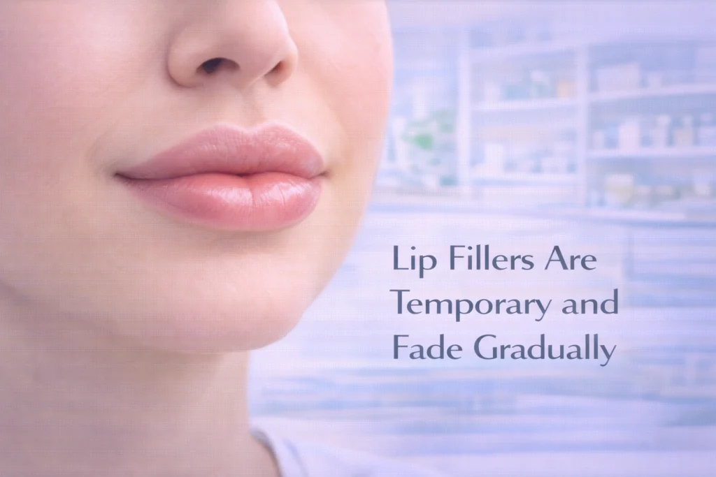Natural-looking lips with subtle volume in a calm clinic setting, showing that lip fillers are temporary and fade gradually over time