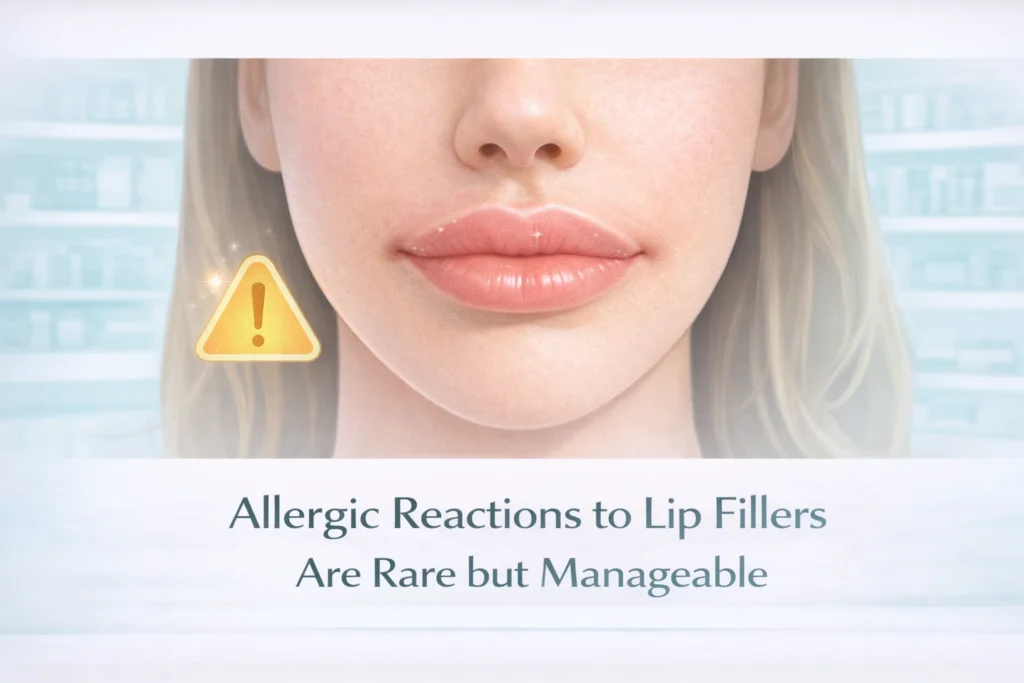 Close-up of lips with mild swelling in a clinical setting, showing that allergic reactions to lip fillers are rare and manageable
