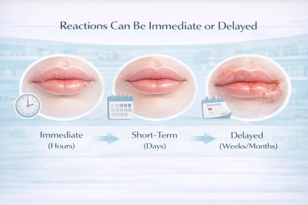 Timeline showing immediate and delayed reactions after lip fillers