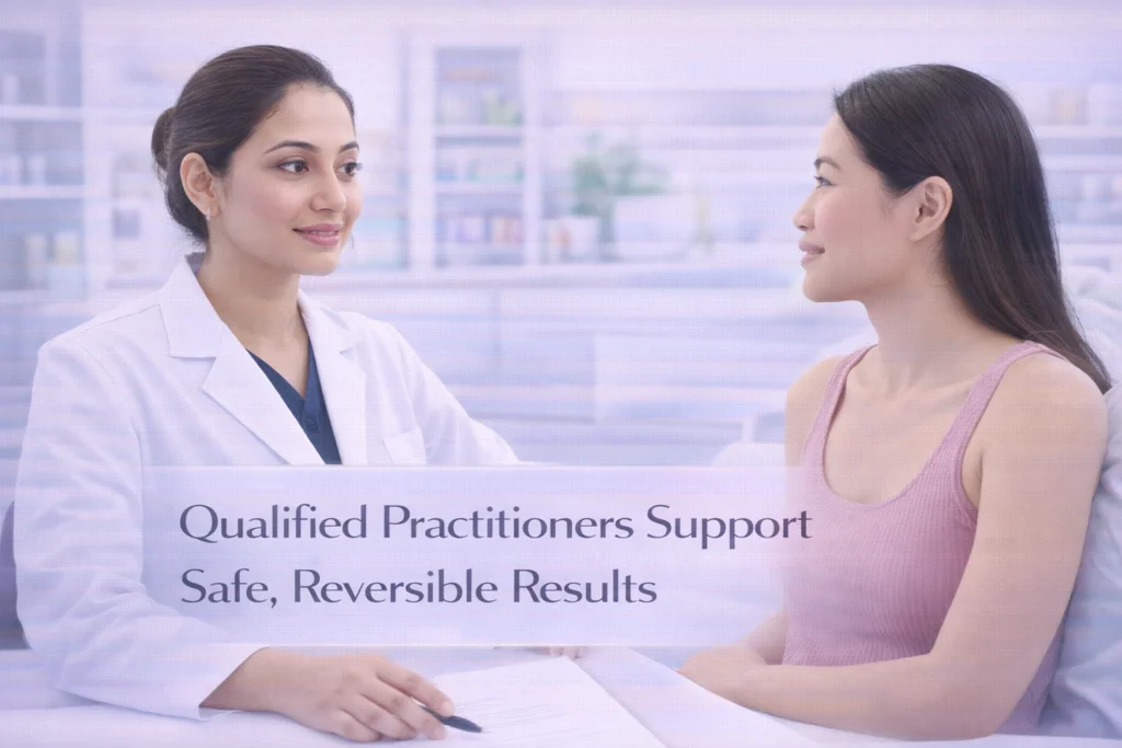 Aesthetic practitioner consulting with a patient in a professional clinic, highlighting safe, reversible lip filler treatment by qualified providers