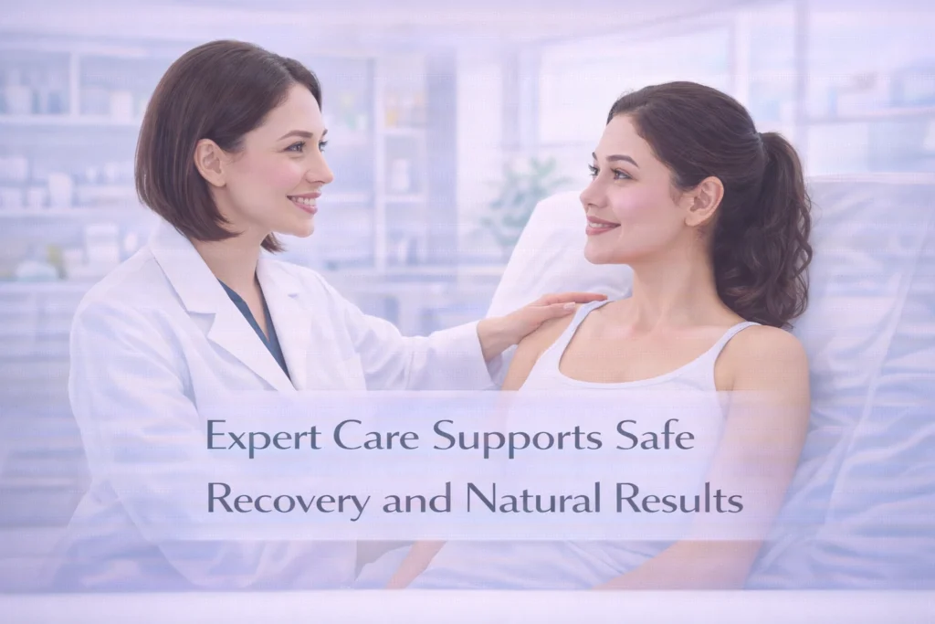 Practitioner consultation in a calm clinical setting highlighting the importance of expert care during lip filler recovery