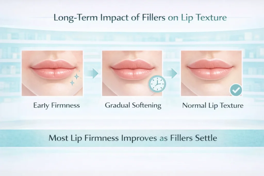 Timeline illustration showing early lip firmness gradually softening as fillers settle, helping reassure patients that texture changes are usually temporary.