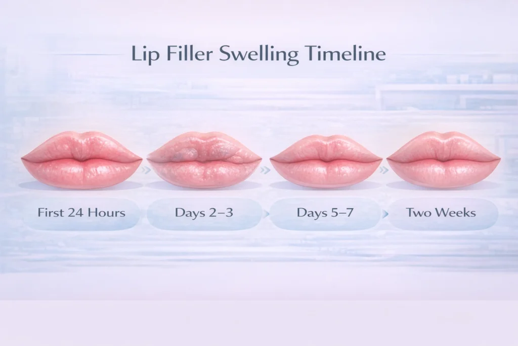 Timeline illustration showing stages of lip filler swelling from the first 24 hours through two weeks of healing.
