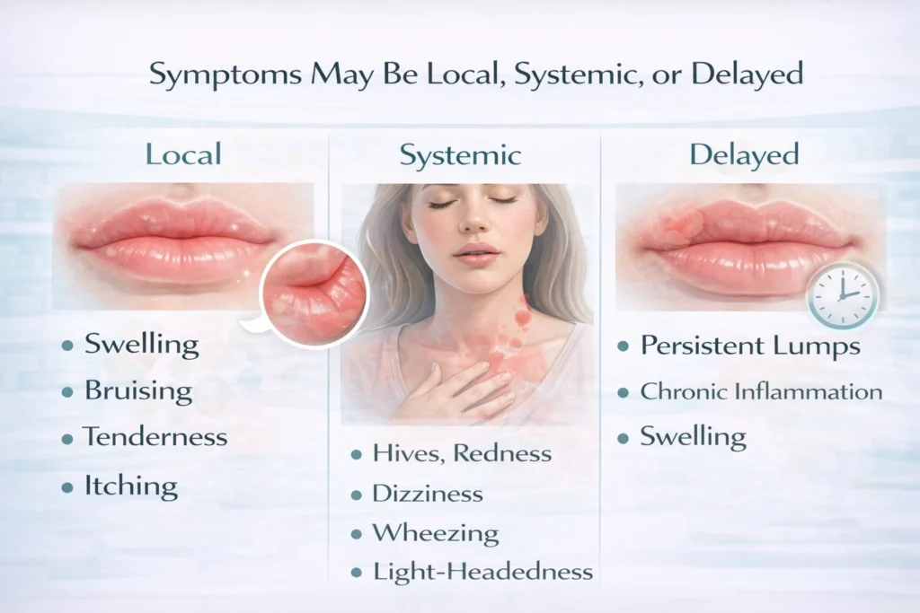 Visual guide showing local, systemic, and delayed lip filler reactions