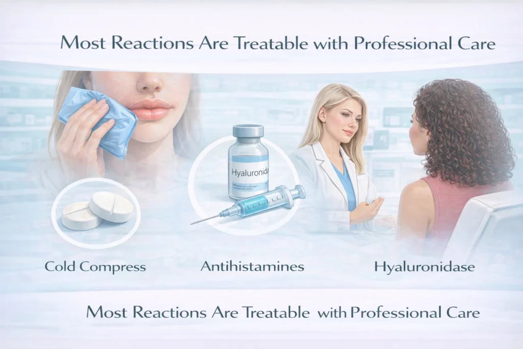 Illustration showing treatment options for lip filler reactions