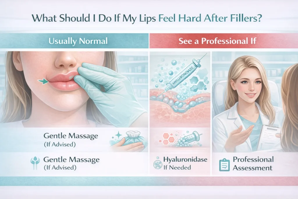 Clinical infographic outlining safe management options for hard lips after fillers, including professional assessment, gentle massage when advised, and hyaluronidase treatment.