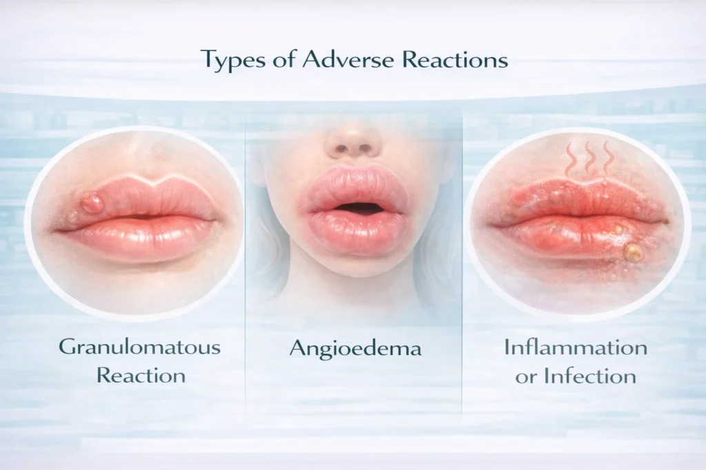 Diagram illustrating different types of lip filler adverse reactions