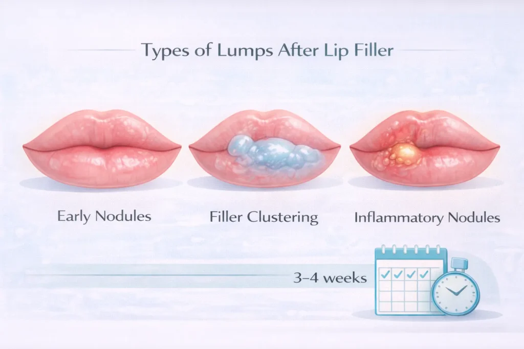 Educational illustration showing different types of lip filler lumps, including early soft nodules, filler clustering, and inflammatory nodules.
