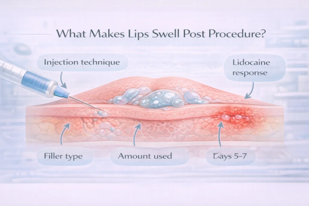 Medical diagram showing causes of lip swelling after fillers, including injection technique, filler type, amount used, and lidocaine response.
