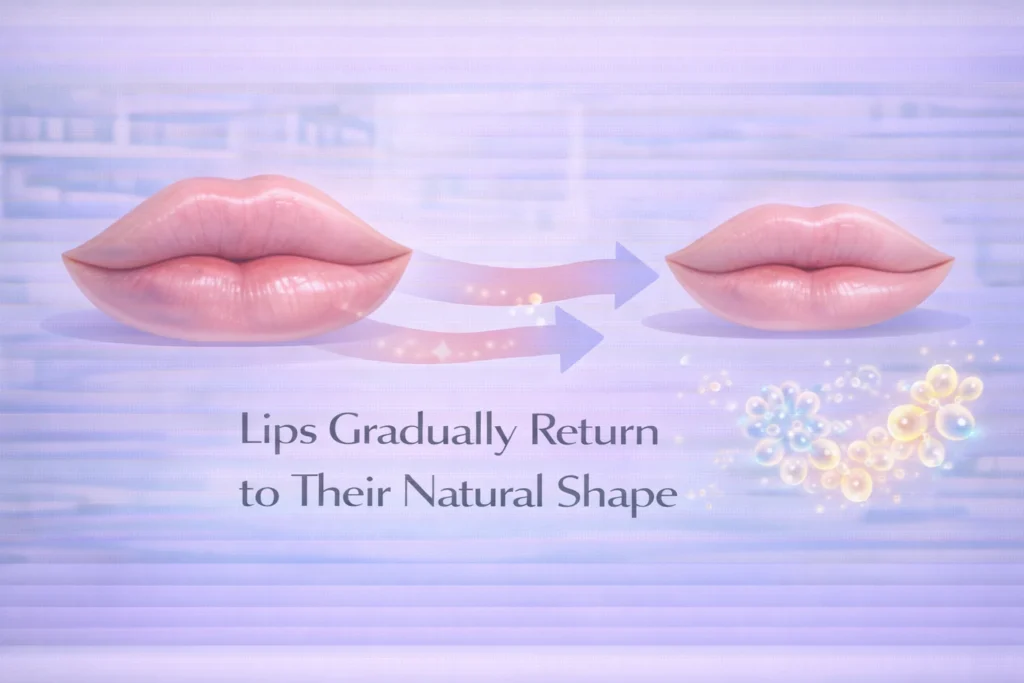 Educational illustration showing lips gradually returning to their natural shape as lip filler dissolves over time