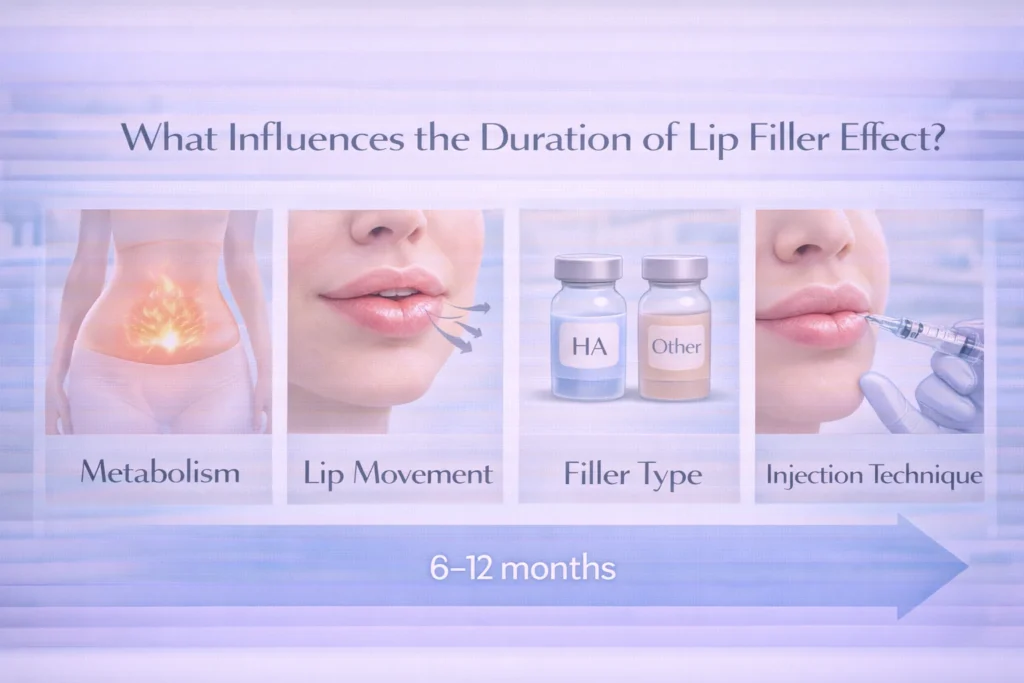 Medical image explaining factors that affect how long lip fillers last, including metabolism, lip movement, filler type, and injection technique