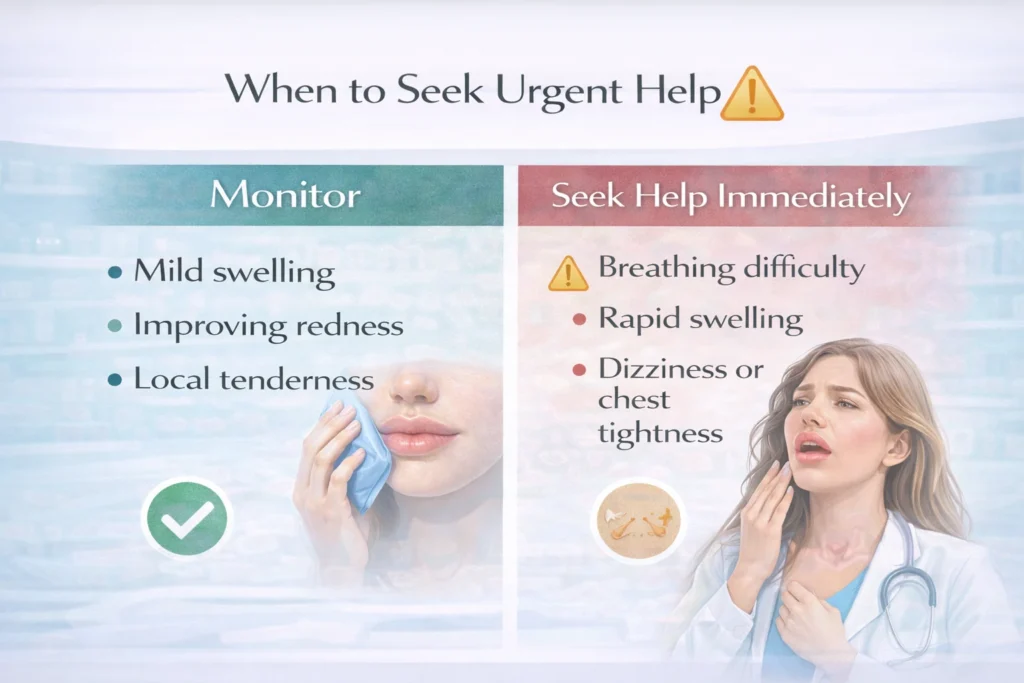 Medical alert showing when to seek urgent help after lip fillers