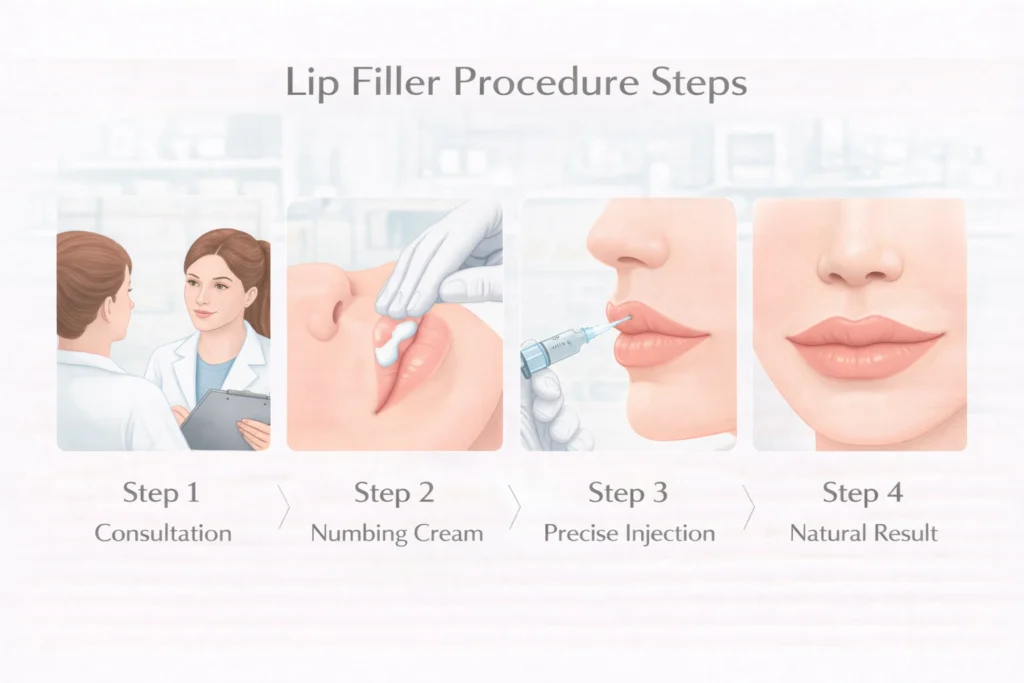 Lip filler procedure steps showing consultation, numbing, injection and final results