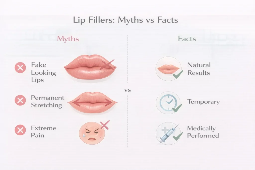 Lip filler myths vs facts infographic showing natural results and safety information