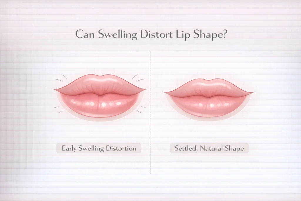 Swollen vs settled lip filler comparison showing temporary shape distortion after treatment
