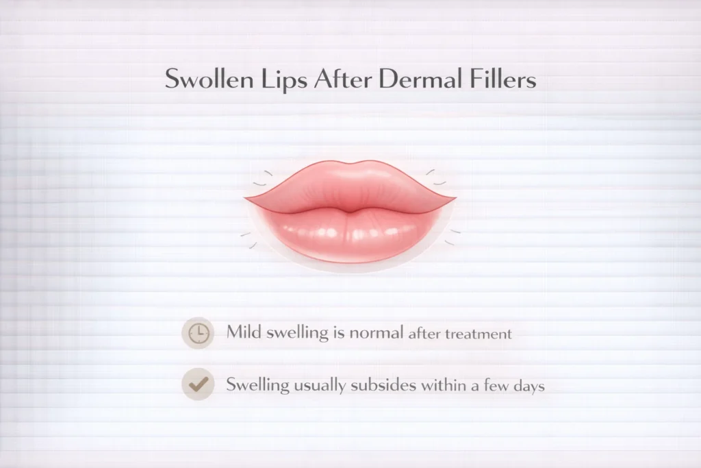 Swollen lips after dermal fillers infographic showing mild swelling and recovery information