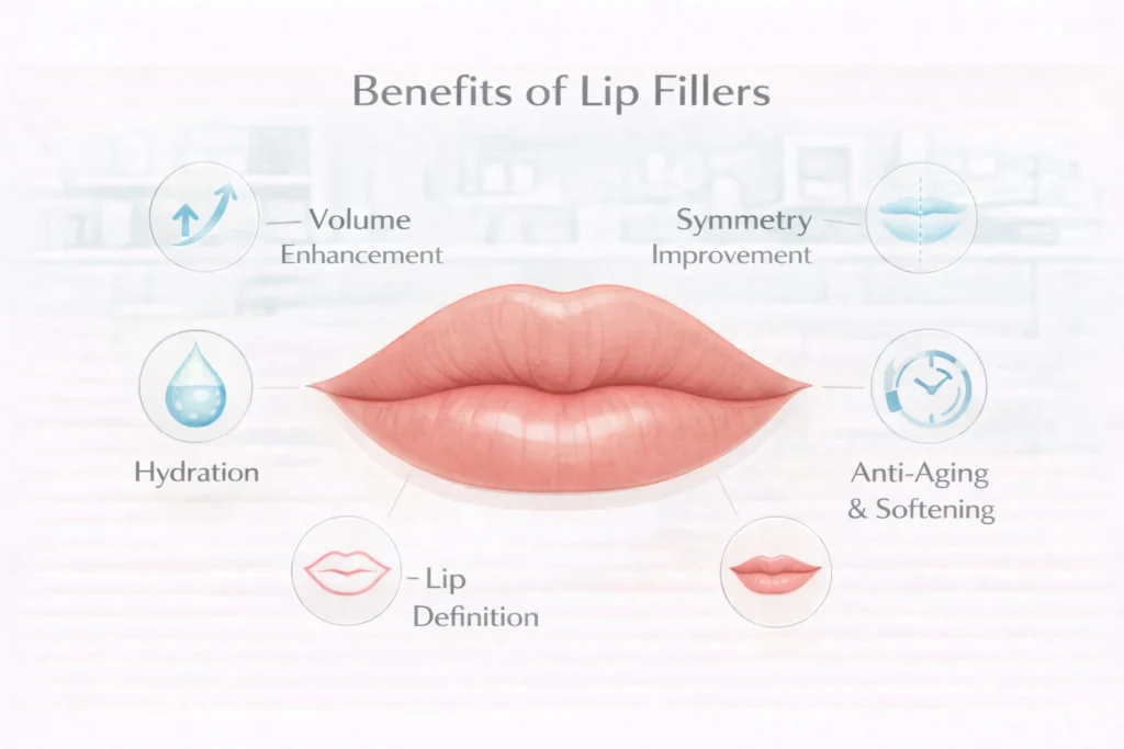 Lip filler benefits infographic showing volume, symmetry, hydration and lip definition