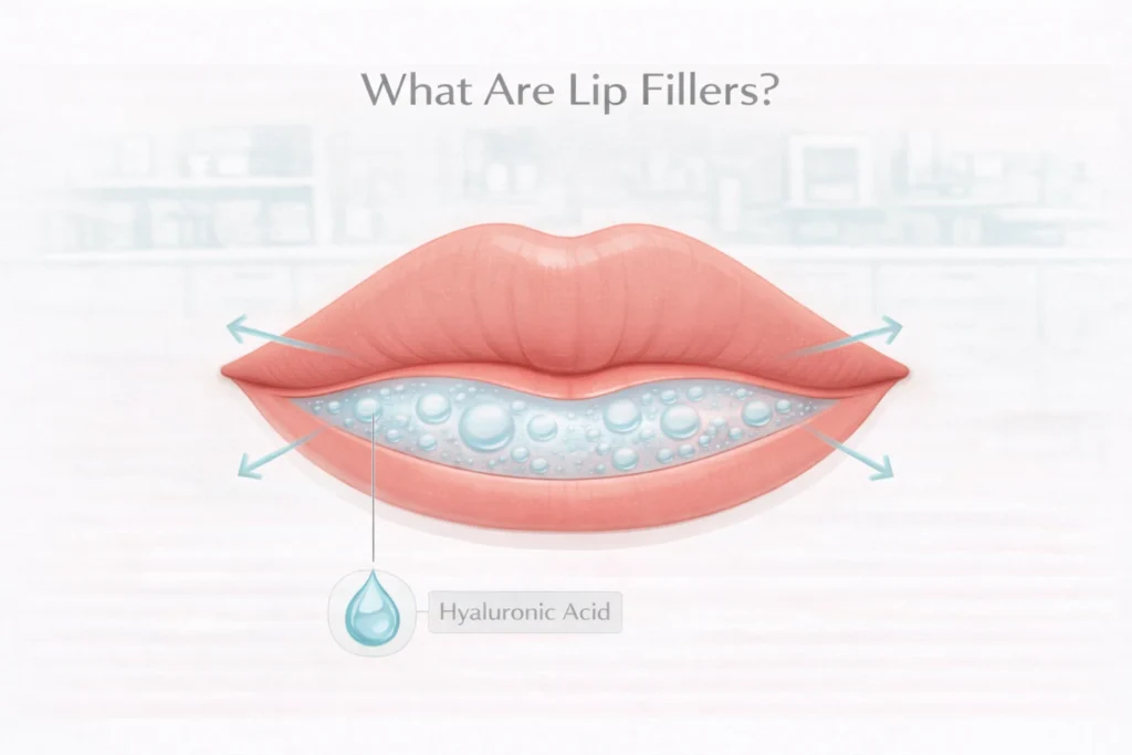 Lip filler diagram showing hyaluronic acid adding volume and hydration