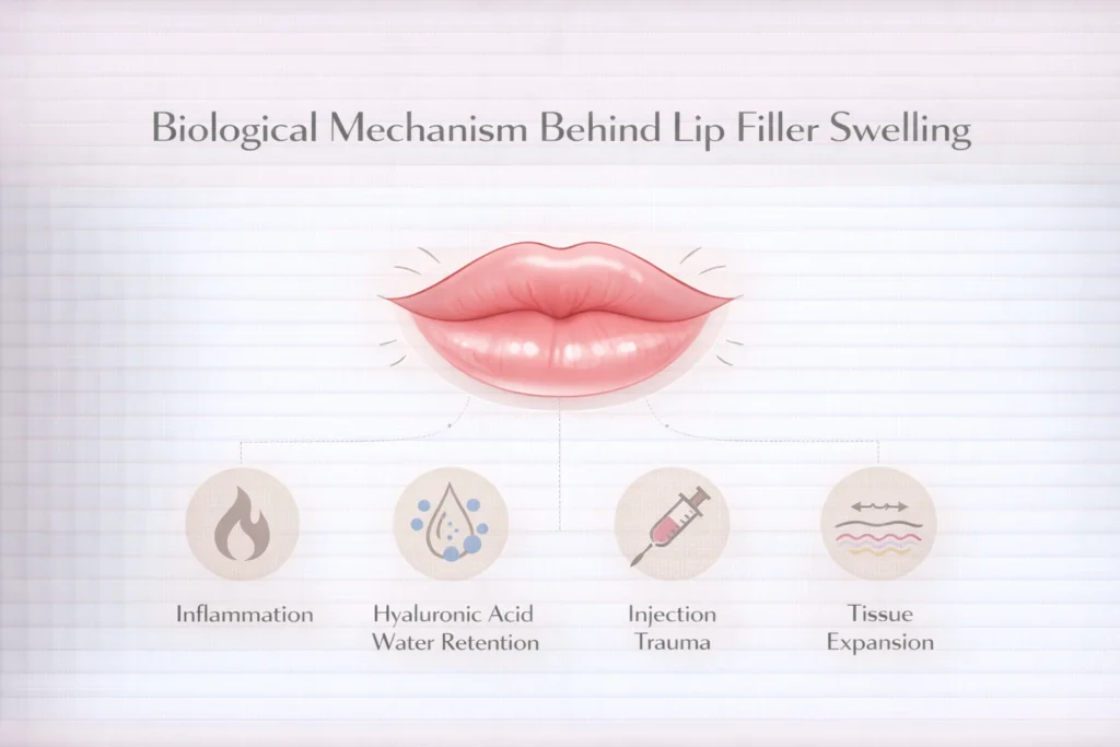 Biological causes of lip filler swelling including inflammation and hyaluronic acid water retention infographic
