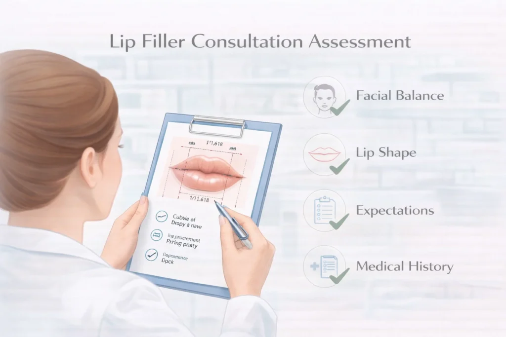 Lip filler consultation assessment showing suitability and facial balance check