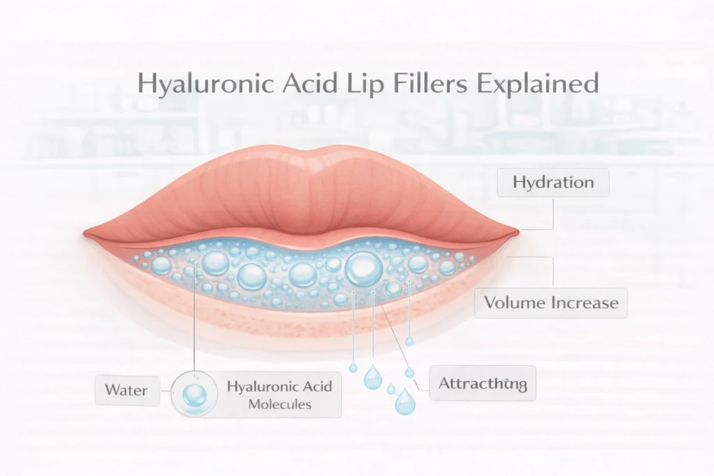 Hyaluronic acid lip filler diagram showing hydration and volume effect