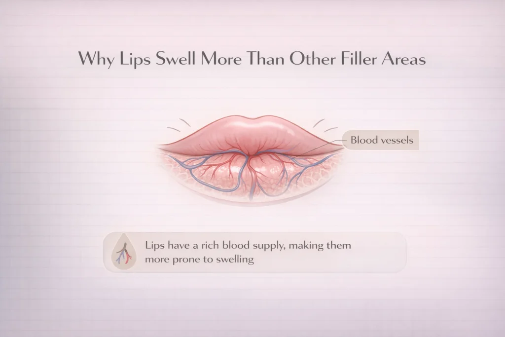 Lip anatomy diagram showing rich blood vessels explaining post filler swelling