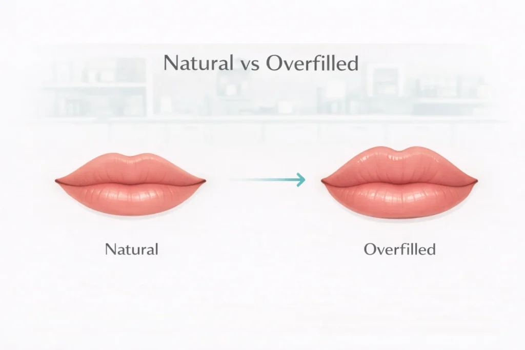Natural vs overfilled lip filler comparison showing balanced and overfilled results