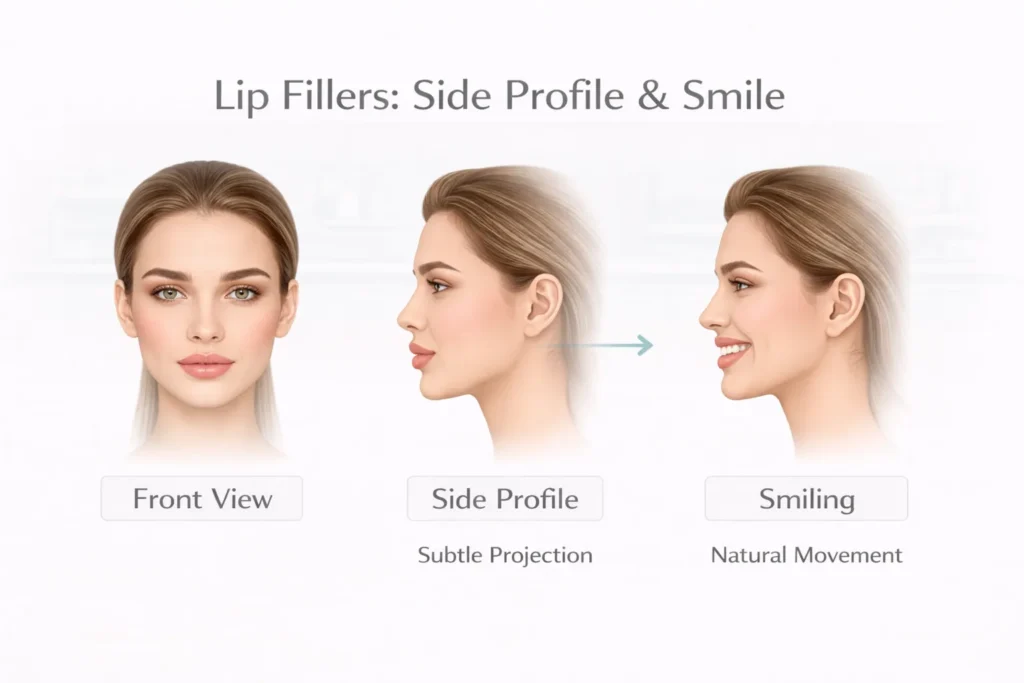 Lip filler front view, side profile and smile movement comparison illustration