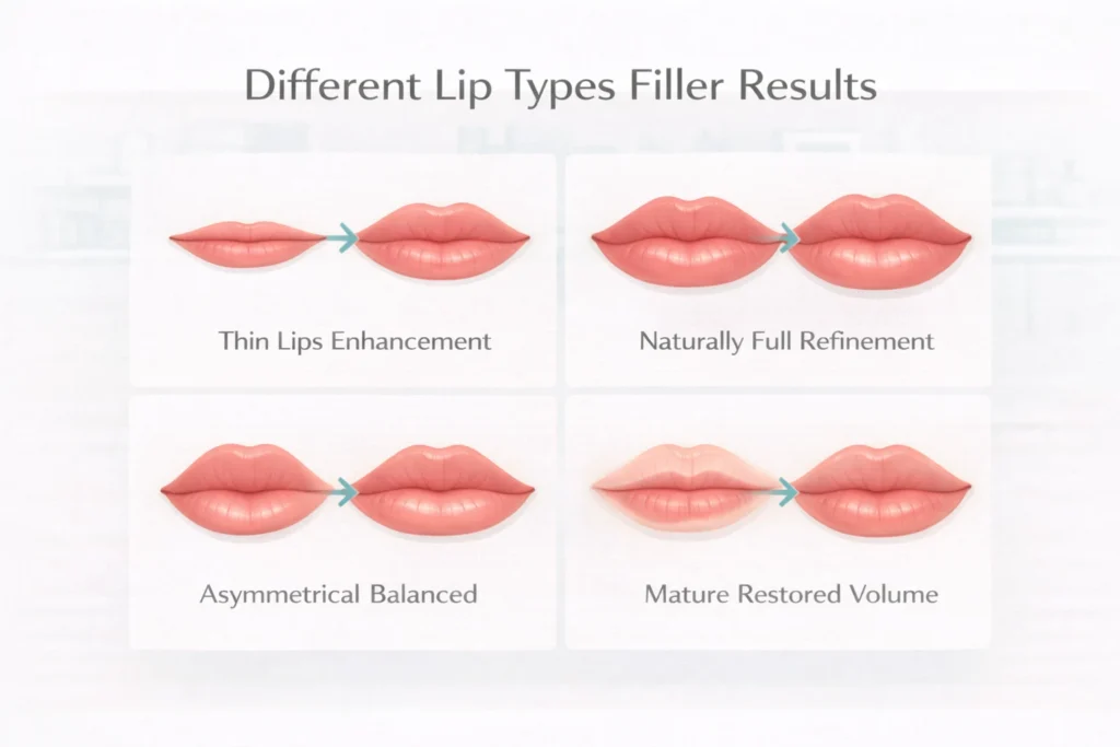 Lip filler results on thin, full, asymmetrical and mature lips comparison