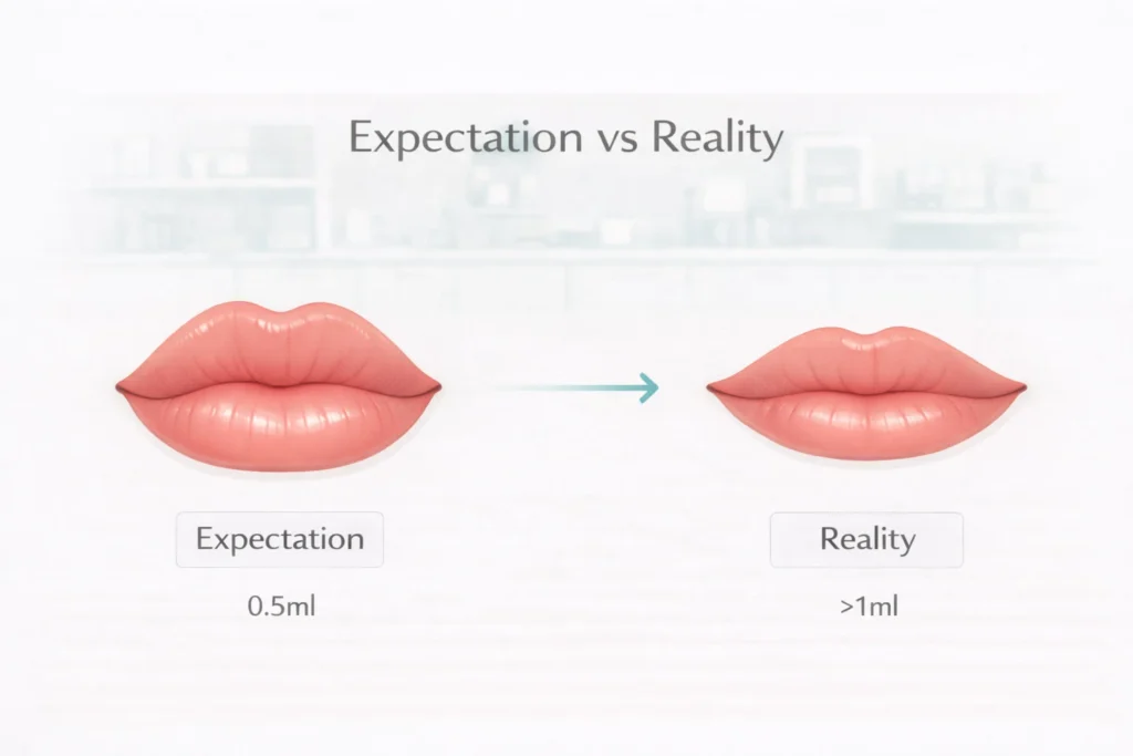 Expectation vs reality lip filler comparison showing natural balanced results