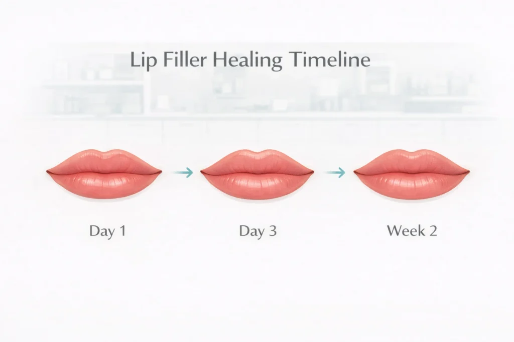 Lip filler healing timeline showing day 1, day 3 and week 2 results